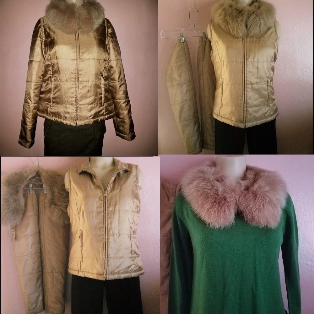 Etcetera Puffer Jacket/Vest~Removable Fox Fur Collar&Sleeves~Gold Tan~6-8/S EUC